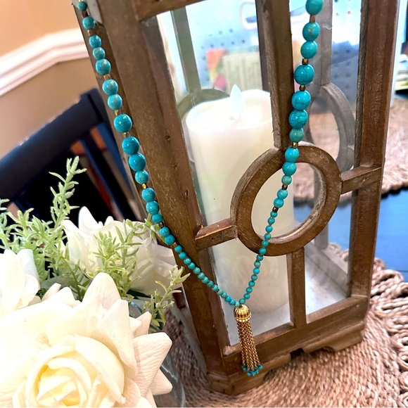 Turquoise Necklace with gold tassel pendant - Picture 1 of 8